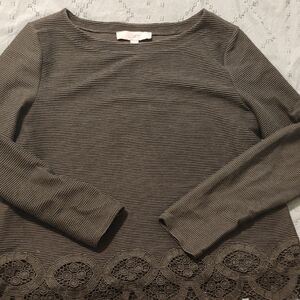 LOFT Green Long Sleeve Top with Lace Detail